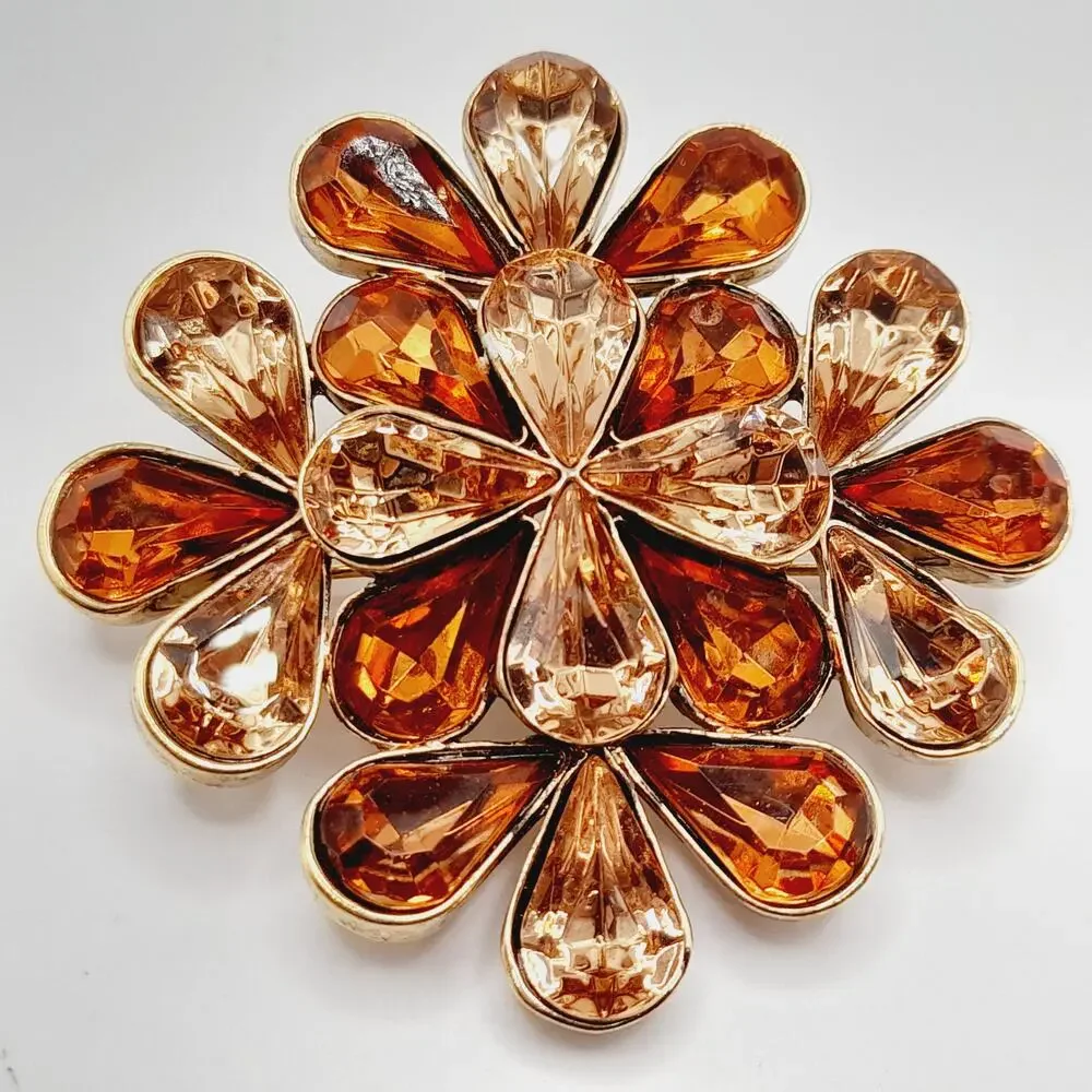 Vintage Amber Rhinestone Flower Brooch Gold Tone 2 Inch Statement Pin